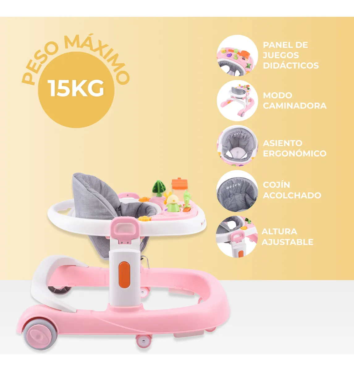 Foto 3 | Andadera Para Bebé Aeiou A028 2 En 1 Altura Ajustable Rosa Claro
