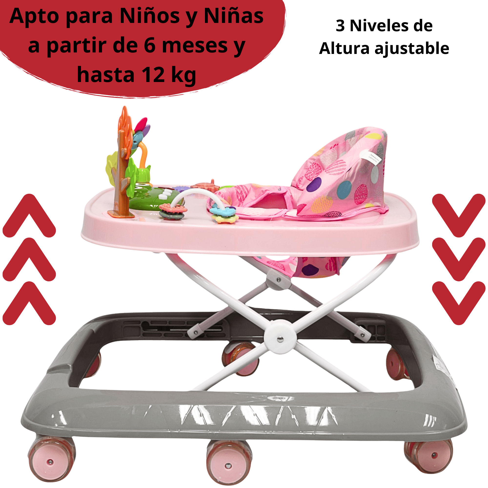 Foto 4 pulgar | Andadera Para Bebé Coco Luz Y Sonido Altura Ajustable Plegable Ruedas De Goma Apta Desde 6 Meses - Rosa