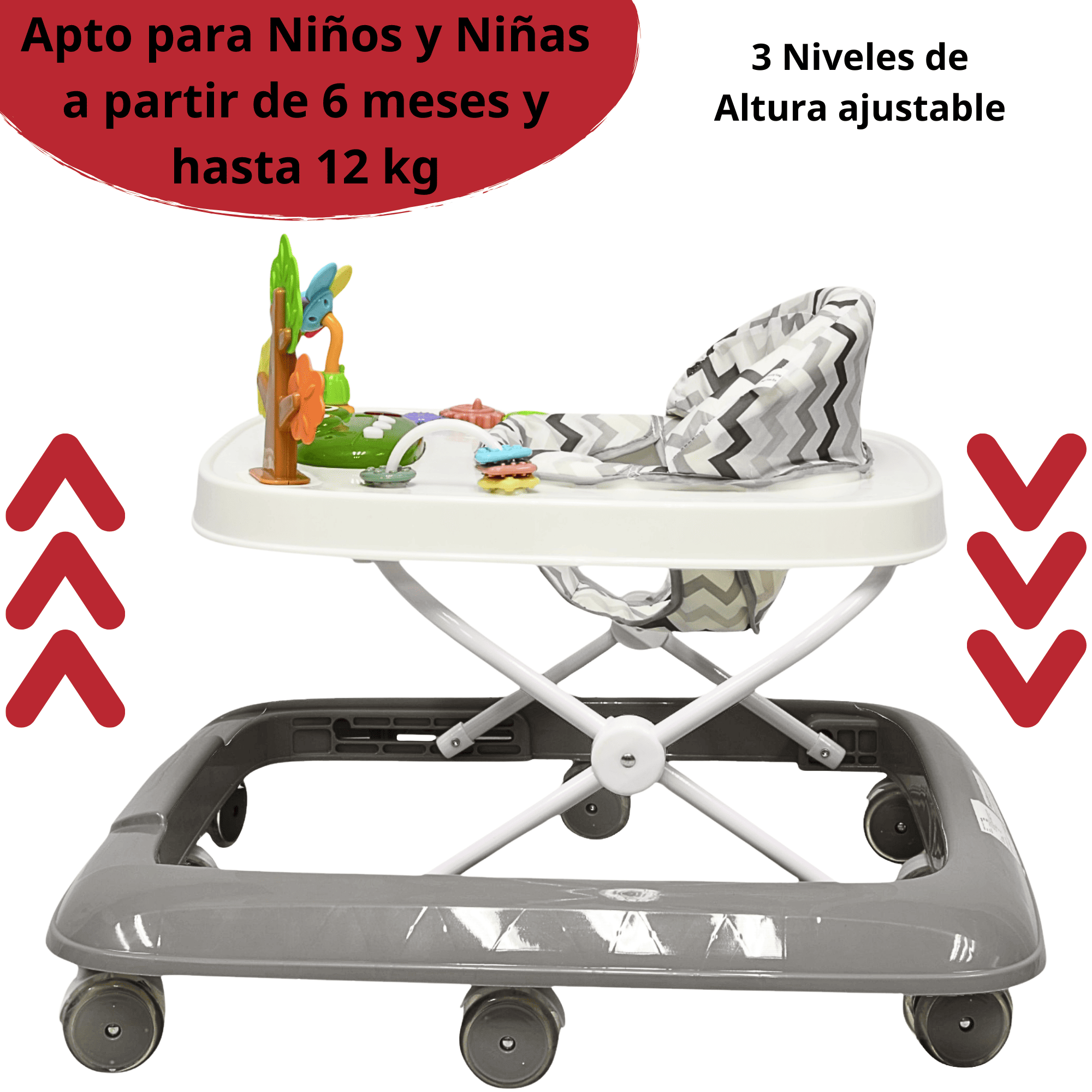 Foto 4 pulgar | Andadera Para Bebé Coco Luz Y Sonido Altura Ajustable Plegable Ruedas De Goma Apta Desde 6 Meses - Gris