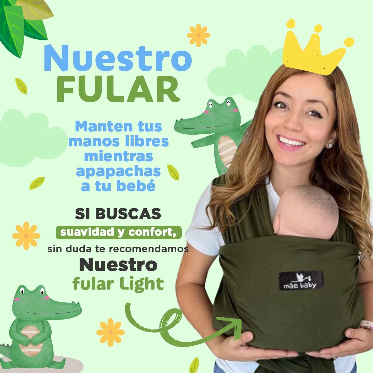 Foto 3 pulgar | Fular Ergonómico Suave Bebé Y Recién Nacido Mãe Baby Portabebé (verde Cocodrilo) Hasta 10kg Hecho 100% En México