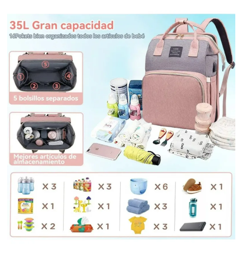 Foto 2 | Mochila Pañalera Multifuncional Con Mosquiteros Y Colchones Rosa