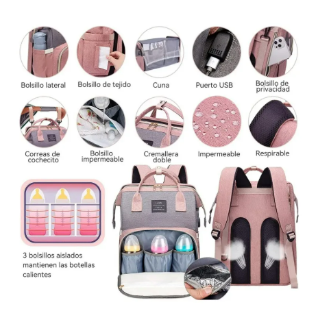 Foto 4 pulgar | Mochila Pañalera Multifuncional Con Mosquiteros Y Colchones Rosa