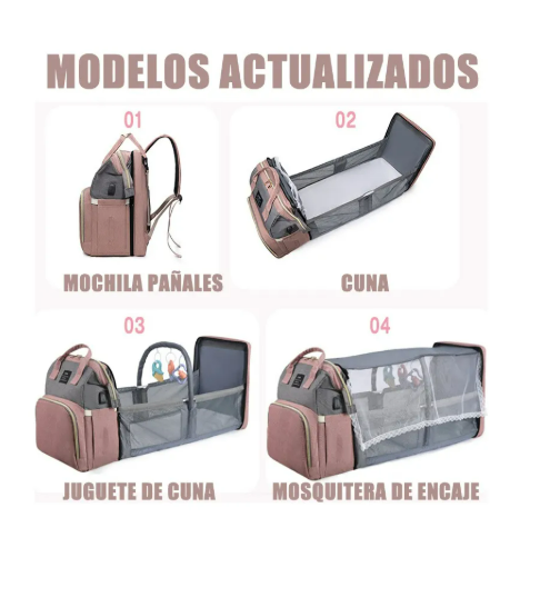 Foto 5 pulgar | Mochila Pañalera Multifuncional Con Mosquiteros Y Colchones Rosa