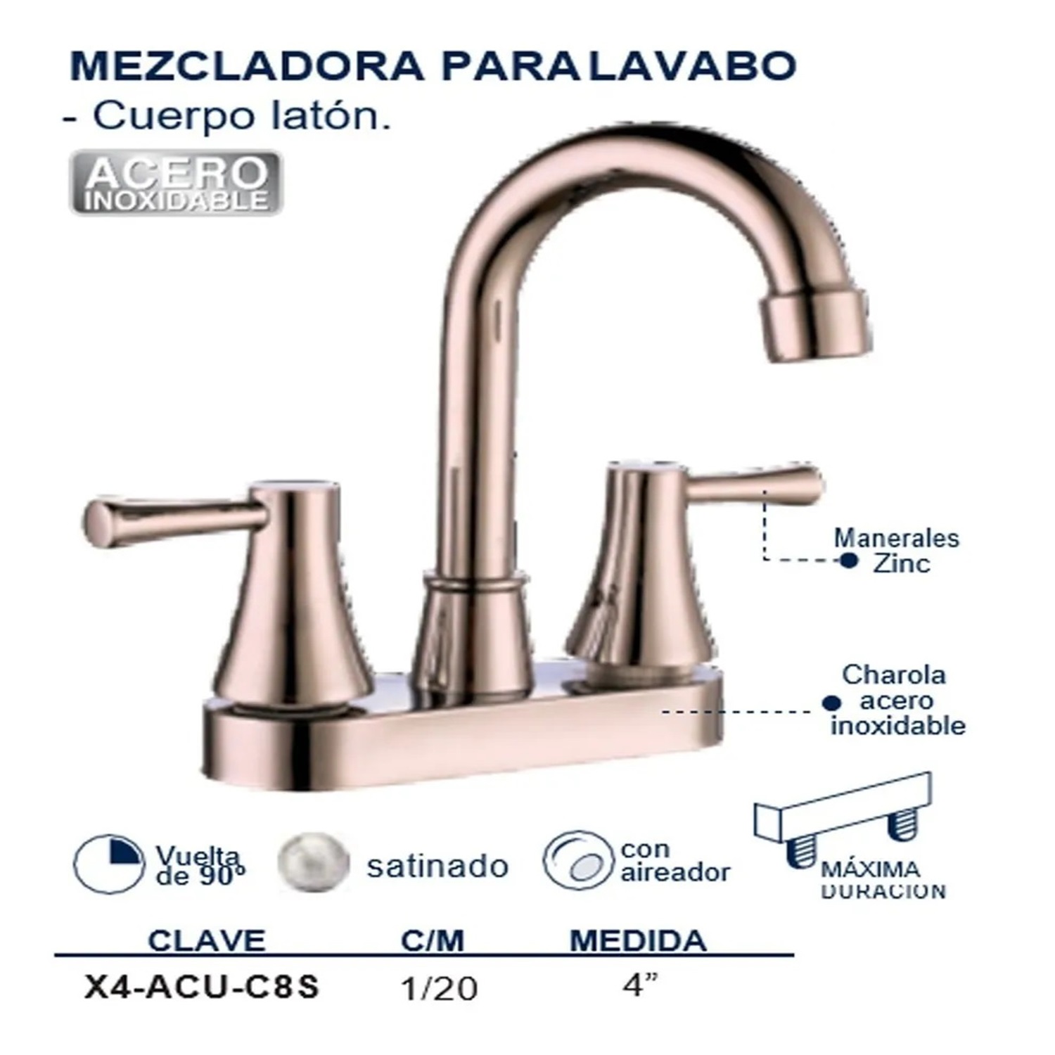 Foto 4 pulgar | Llave Mezcladora para Baño con Lavabo Alfa de Acero Inoxidable Satinada y Manerales Garza