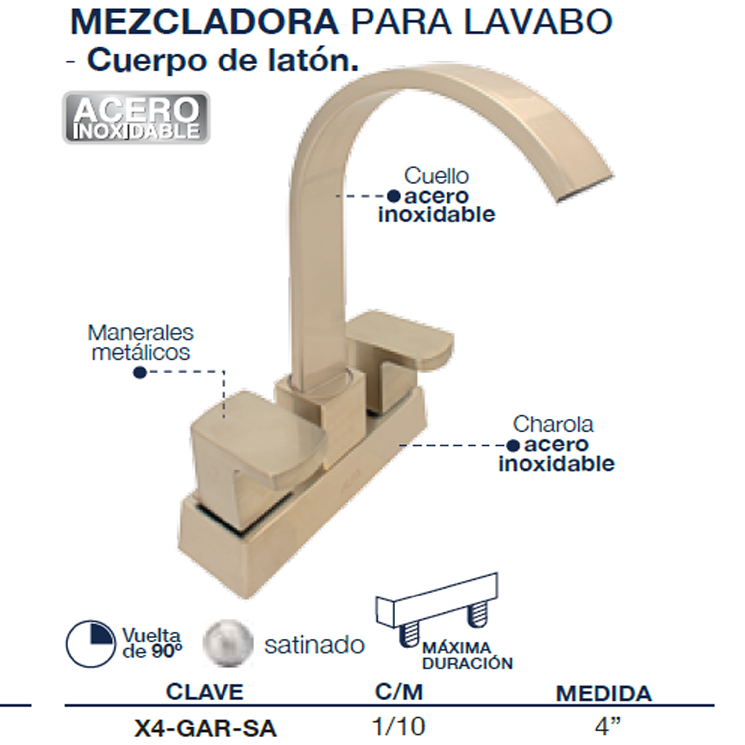 Foto 4 pulgar | Llave Mezcladora para Baño Alfa con Lavabo Satinado Latón Vuelta 360°