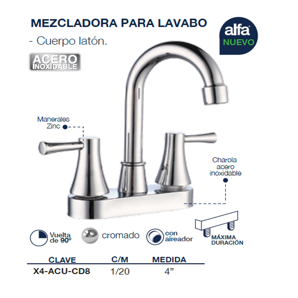 Foto 3 pulgar | Llave Mezcladora para Baño Alfa Acero Inoxidable con Manerales Cuadrados