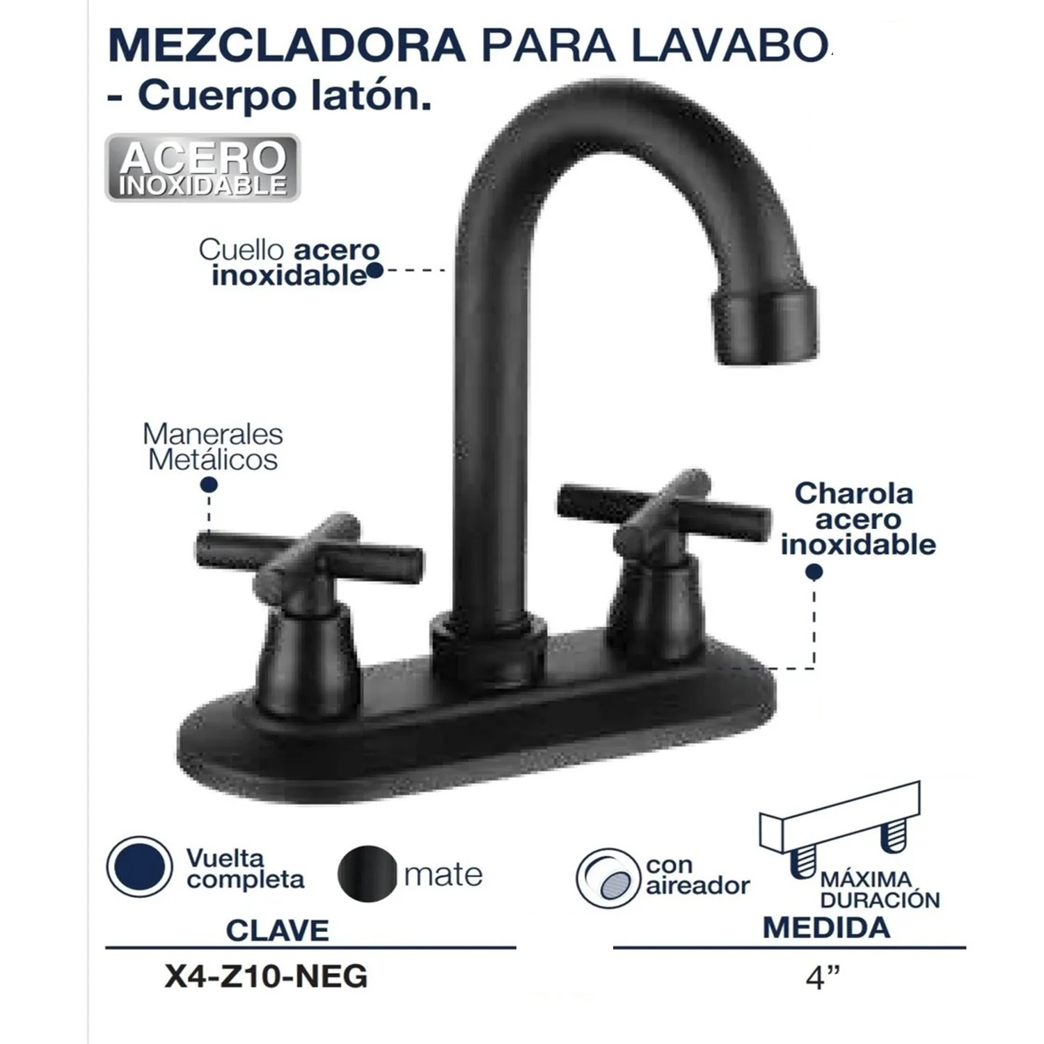 Foto 3 pulgar | Llave Mezcladora para Lavabo Alfa Acero X4-Z10-NEG color Negro Mate de Inoxidable con Manerales Cruceta