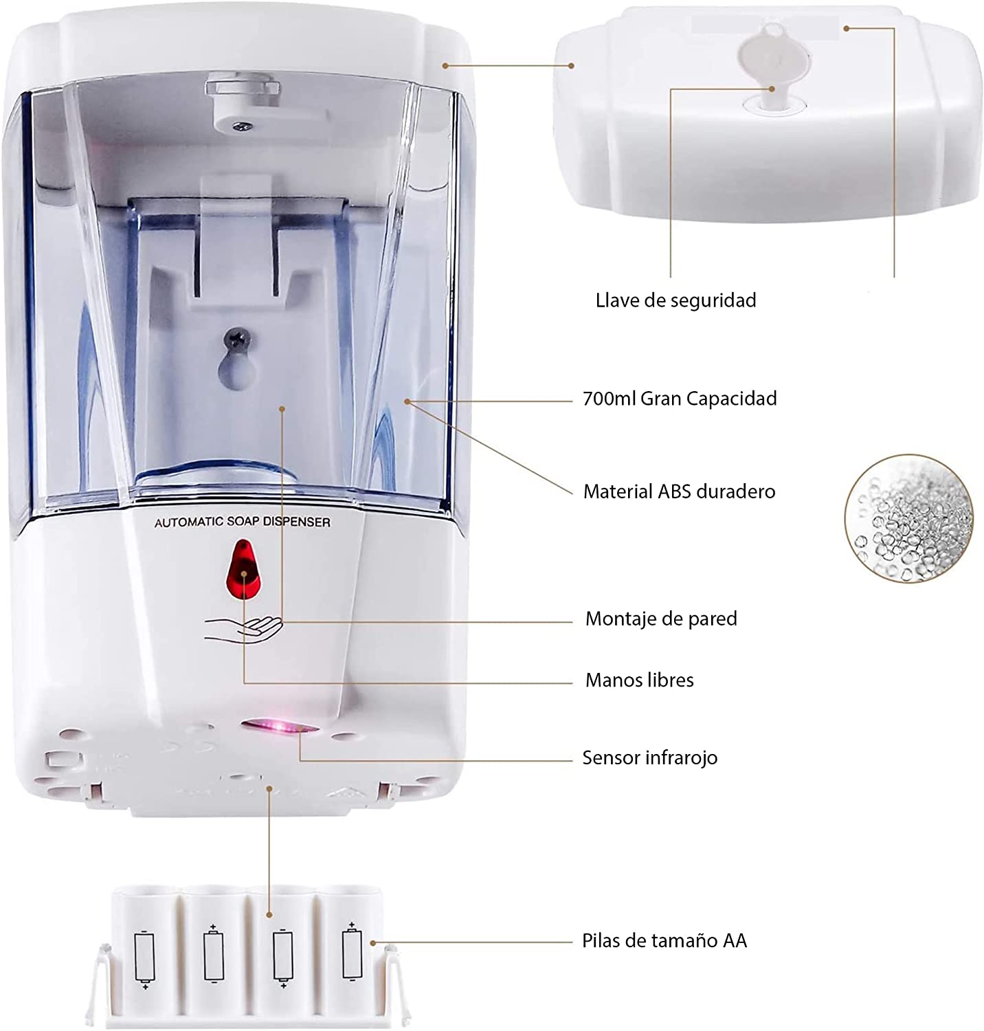 Foto 3 | Dispensador de Jabón Automático de 700ml sin Contacto Eléctrico Infrarrojo