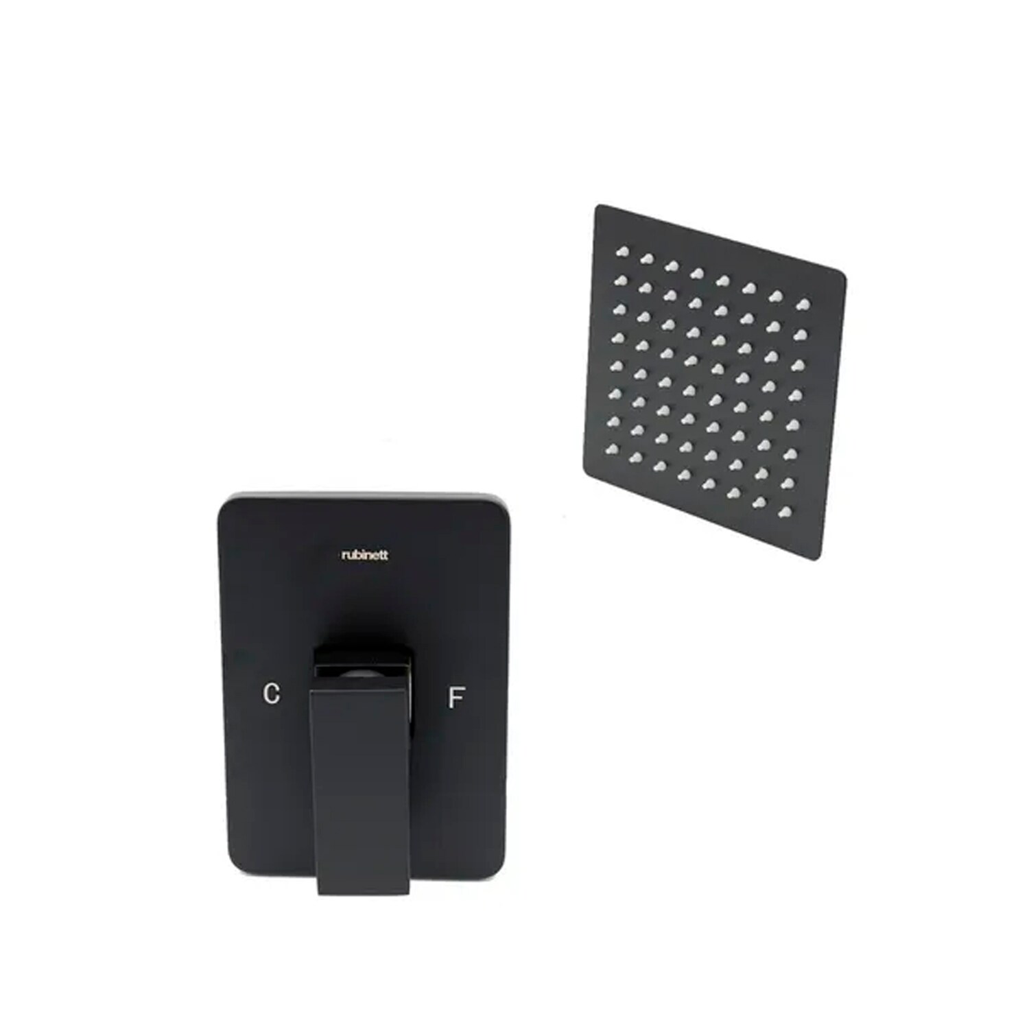 Regadera Cuadrada Rubinett de 20 cm y Monomando Cuadrados Negro Mate sin Brazo color Negro $2,089