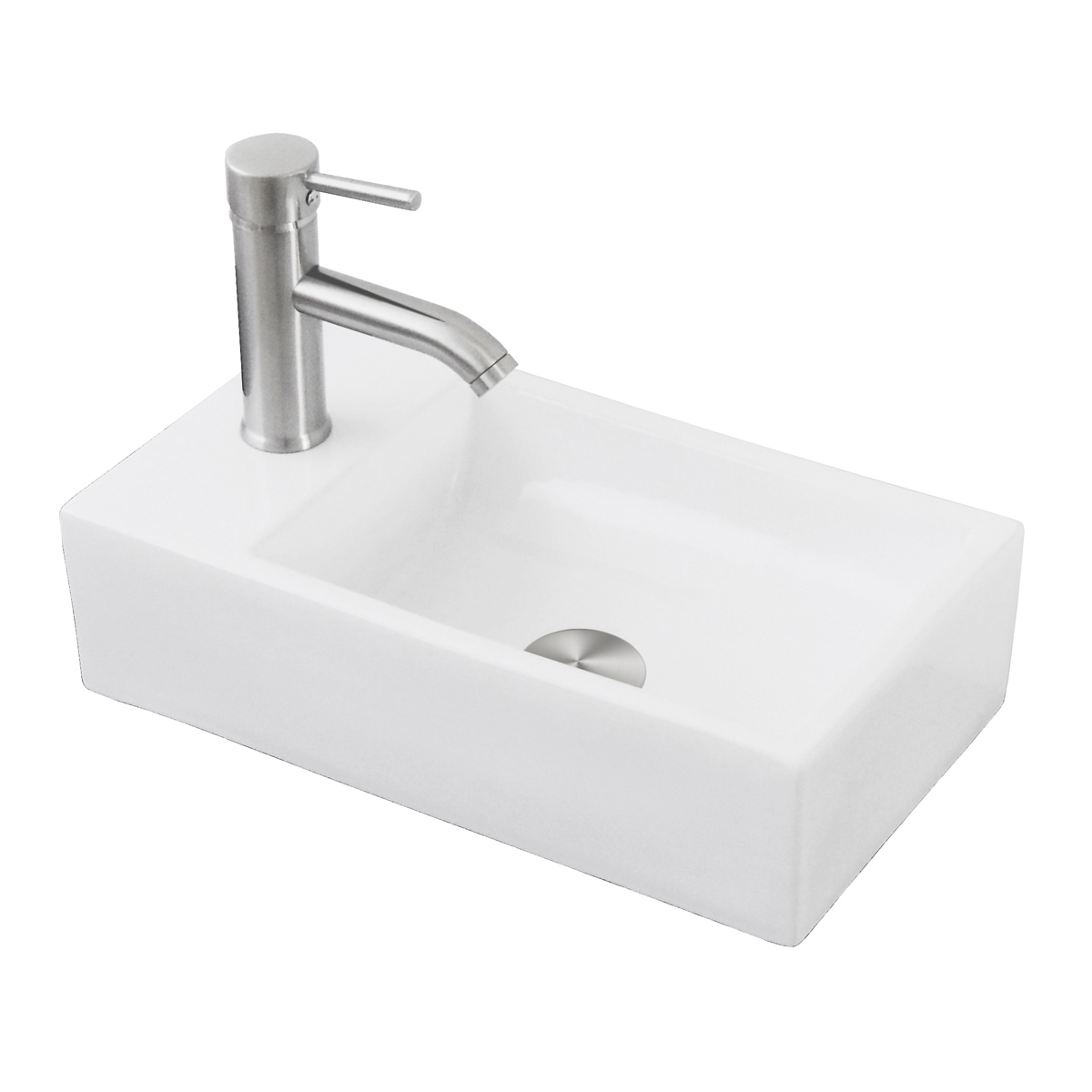 Paquete Mini Grand Satín Lavabo Llave y Desagües Esatto color Blanco