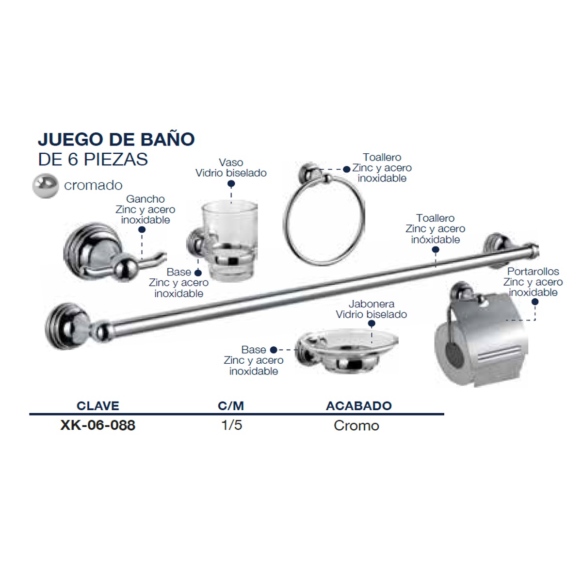 Foto 2 | Juego de Baño Alfa XK-06-088 color Plata Metálico Cromado Zinc y Acero Inoxoxidable 6 PZAS