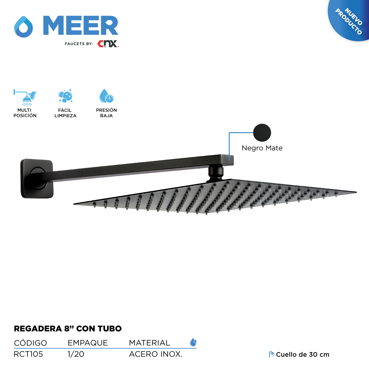 Foto 5 | Regadera con Cuello + Mezcladora + Resumidero Meer-CNX RCT105 + MZR-017M + RES-009 color Negro