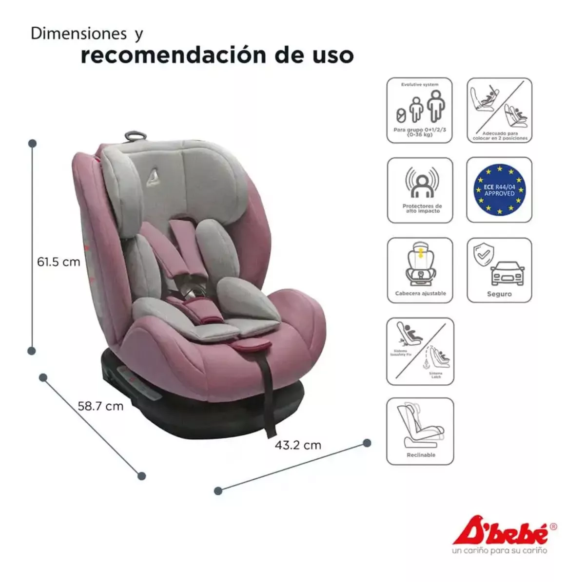 Foto 5 pulgar | Autoasiento con Isofix D'bebé Mare Travel color Rosa