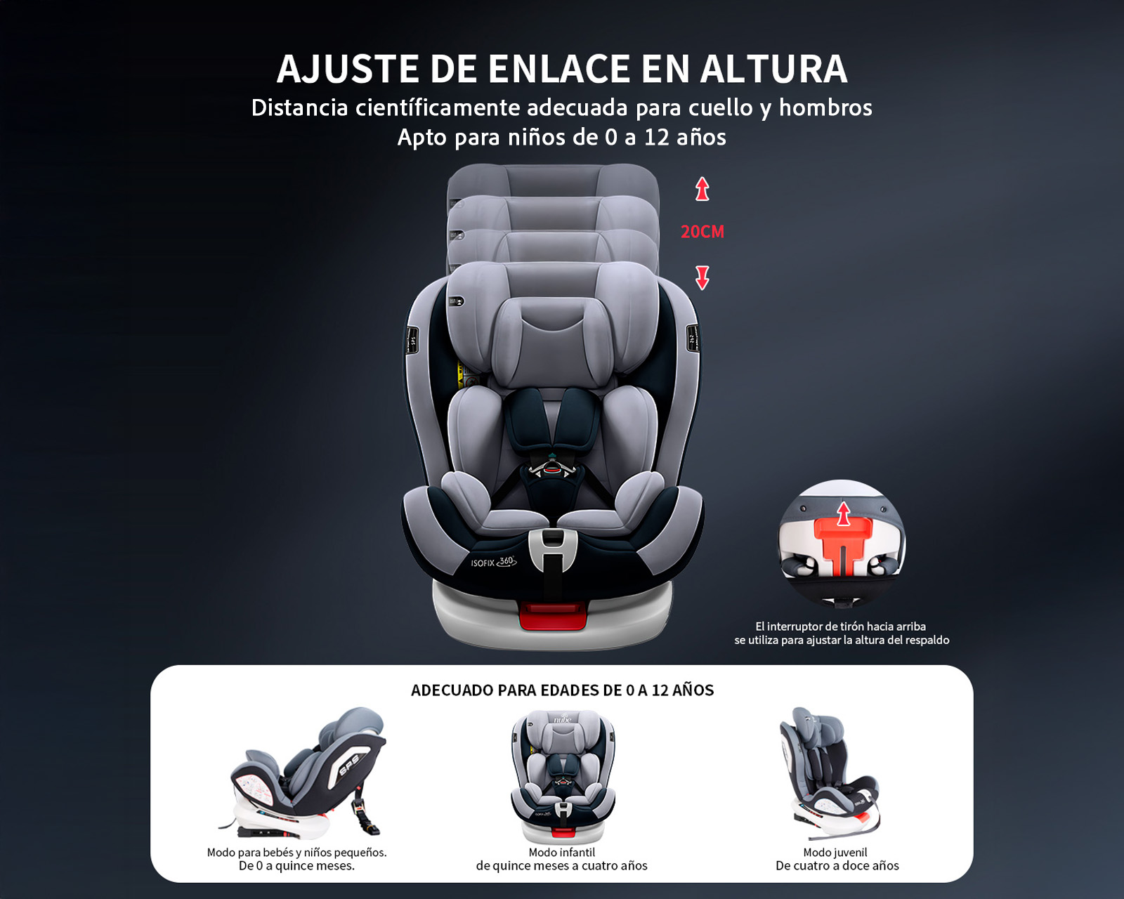 Foto 5 | Autoasiento Bebé 360° Isofix 0 A 12 Años Asiento Para Coche Color Gris Basitex