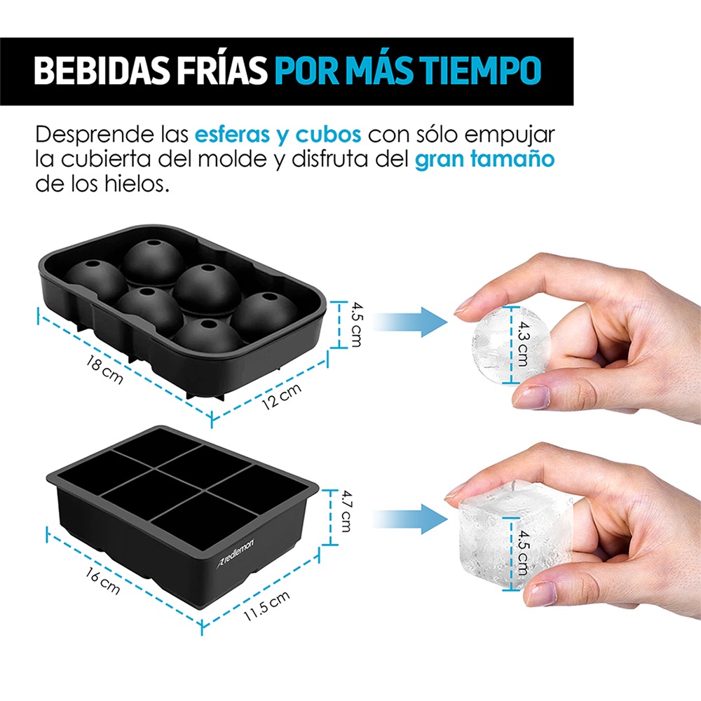 Foto 4 pulgar | Moldes de Silicón para Hielos Redlemon 79289 en Forma de Esferas y Cubos color Negro con 2 Piezas