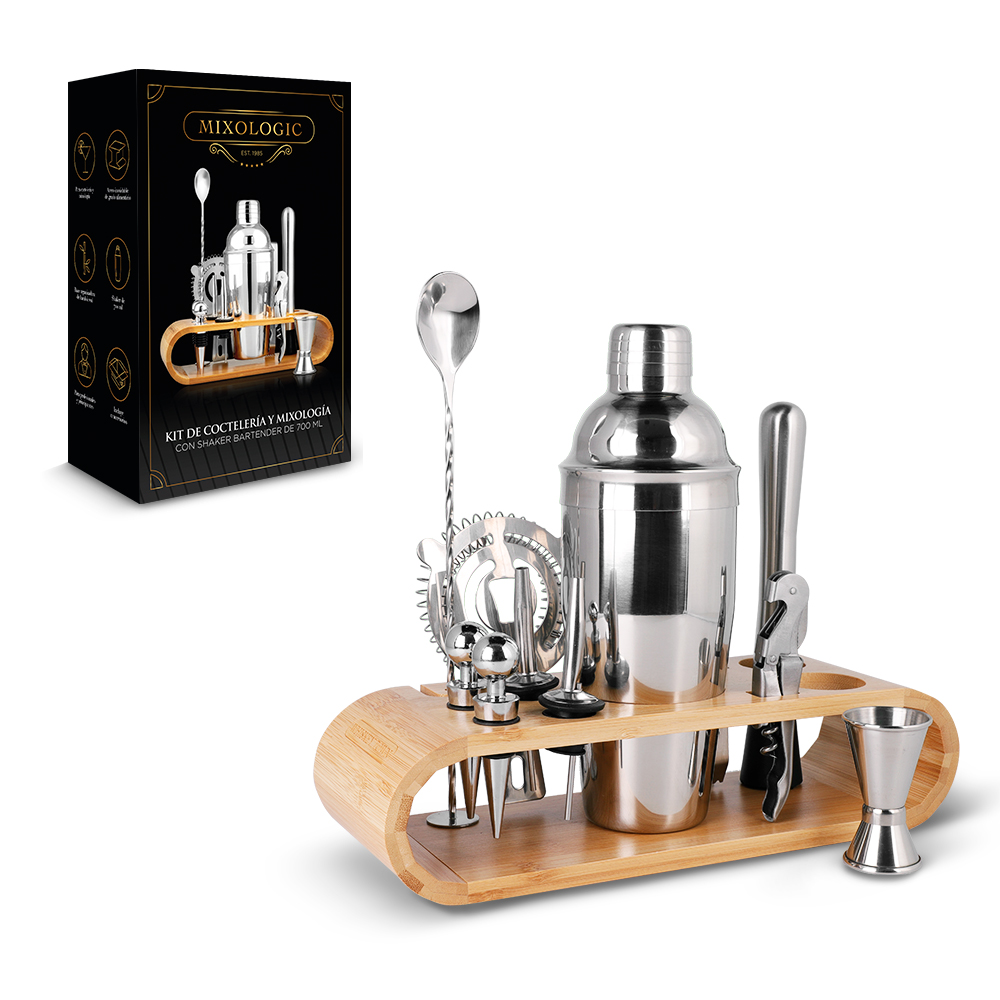 Kit de Coctelerí­a para Bartender con Base de Bambú  Redlemon 79493 con 12 Piezas color Plateado