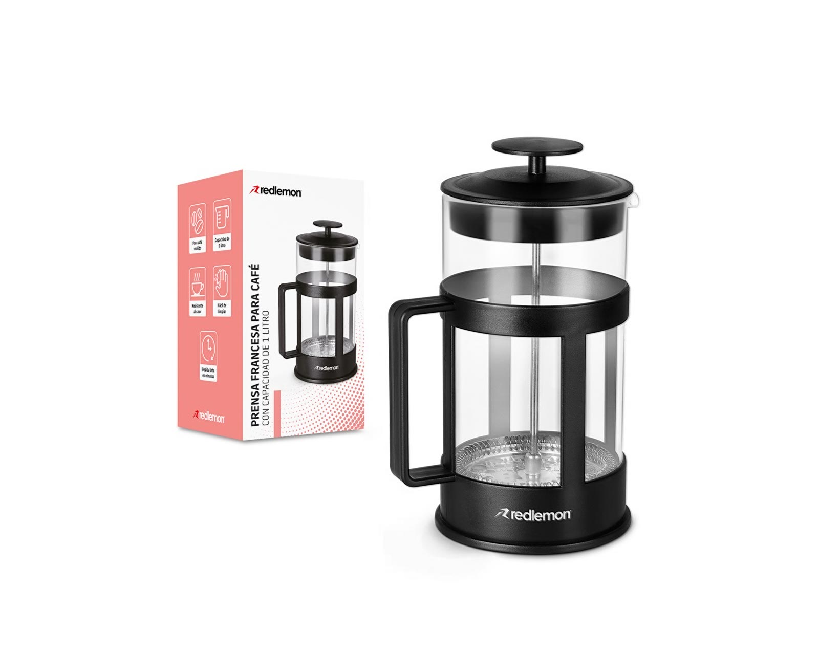 Prensa Francesa de Vidrio Redlemon 80219 color Negro con Émbolo de Acero Inoxidable para Café y Té de 1 l