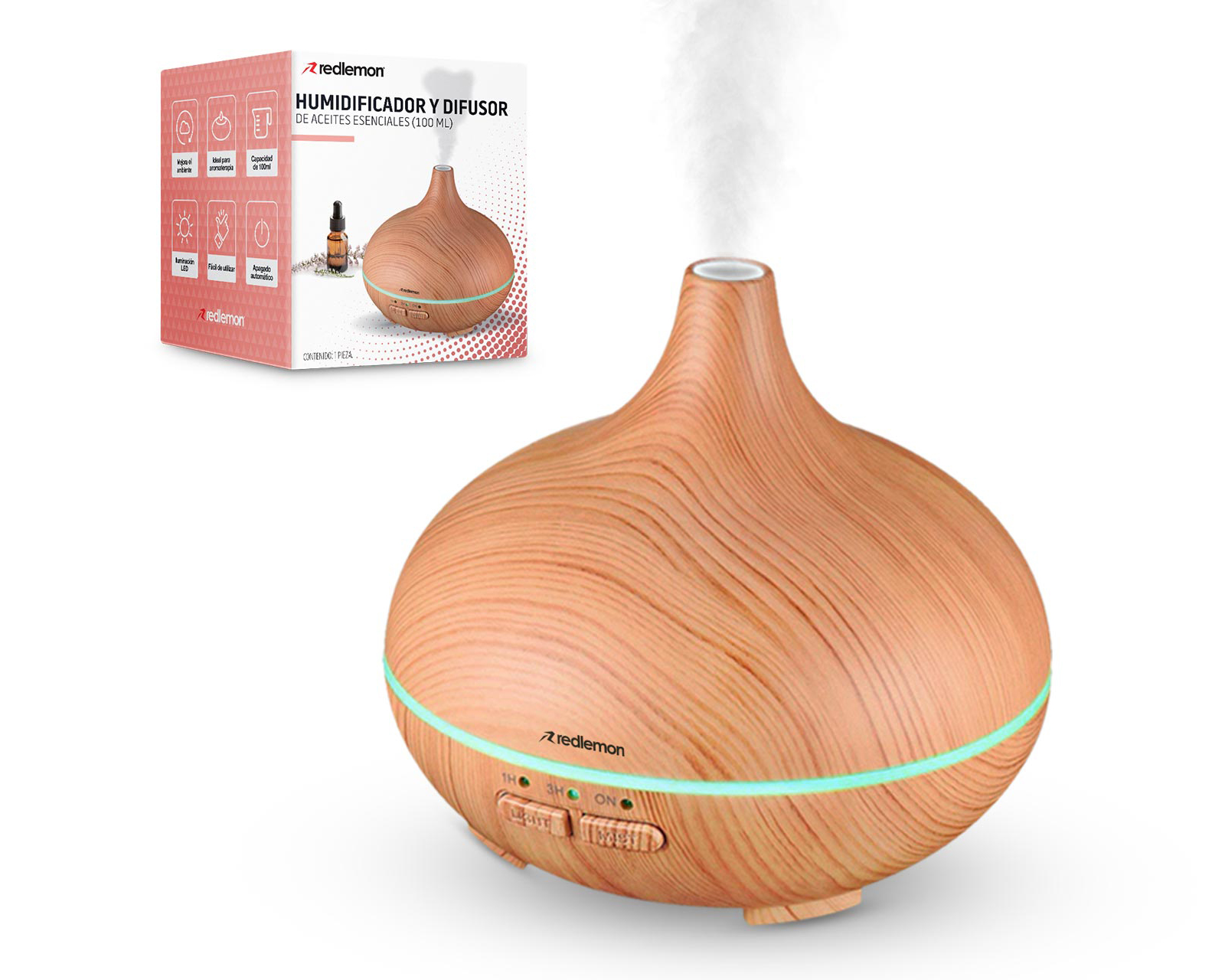 Humidificador y Difusor de Aceites Esenciales Redlemon 80003 color Beige de Alta Potencia con Luz Led de 100 ml