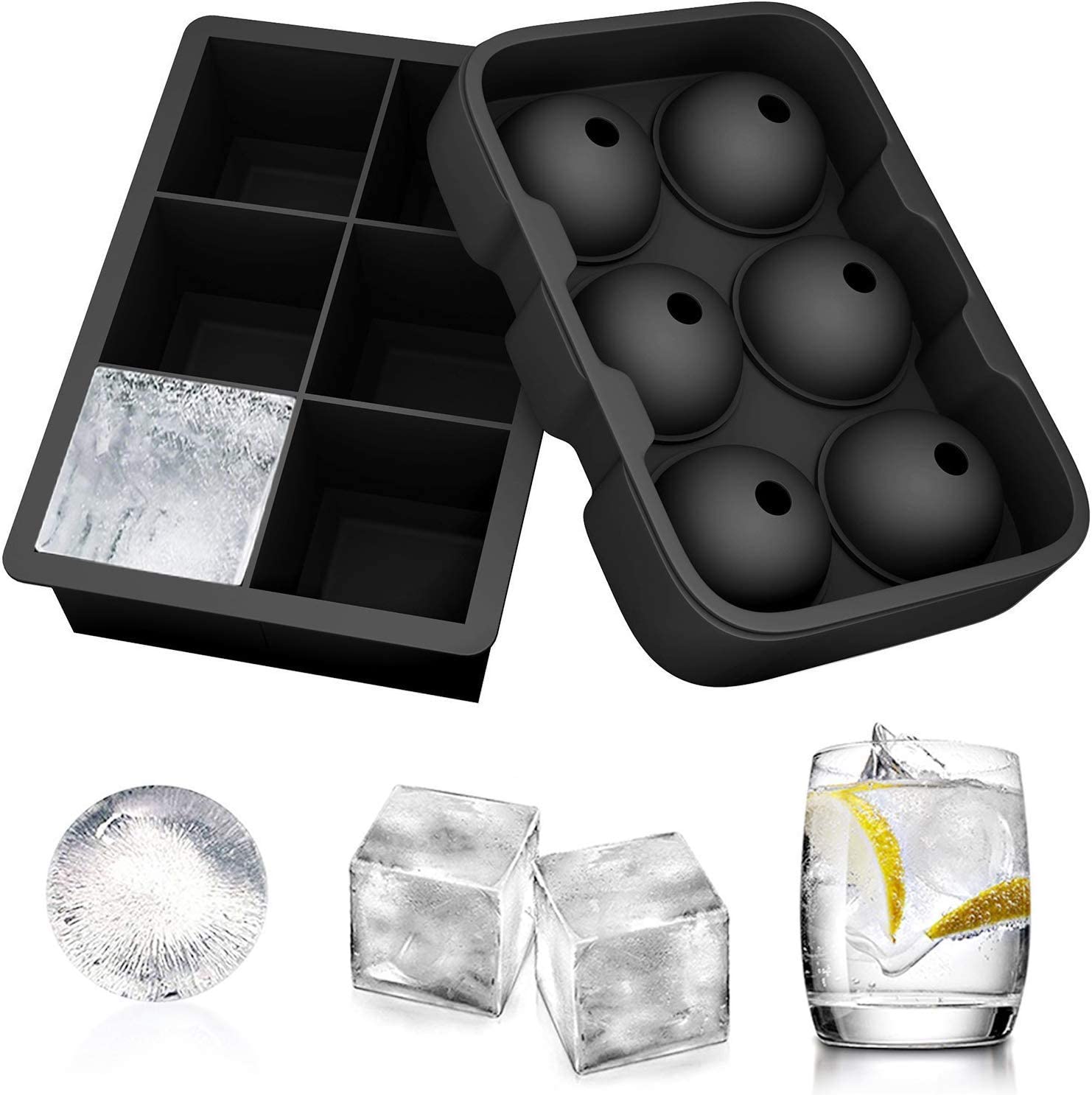 Molde para Hacer Hielo de U Chef Forma de Cubo y Esfera Bandeja de Silicona Flexible para Coctelería color Negro