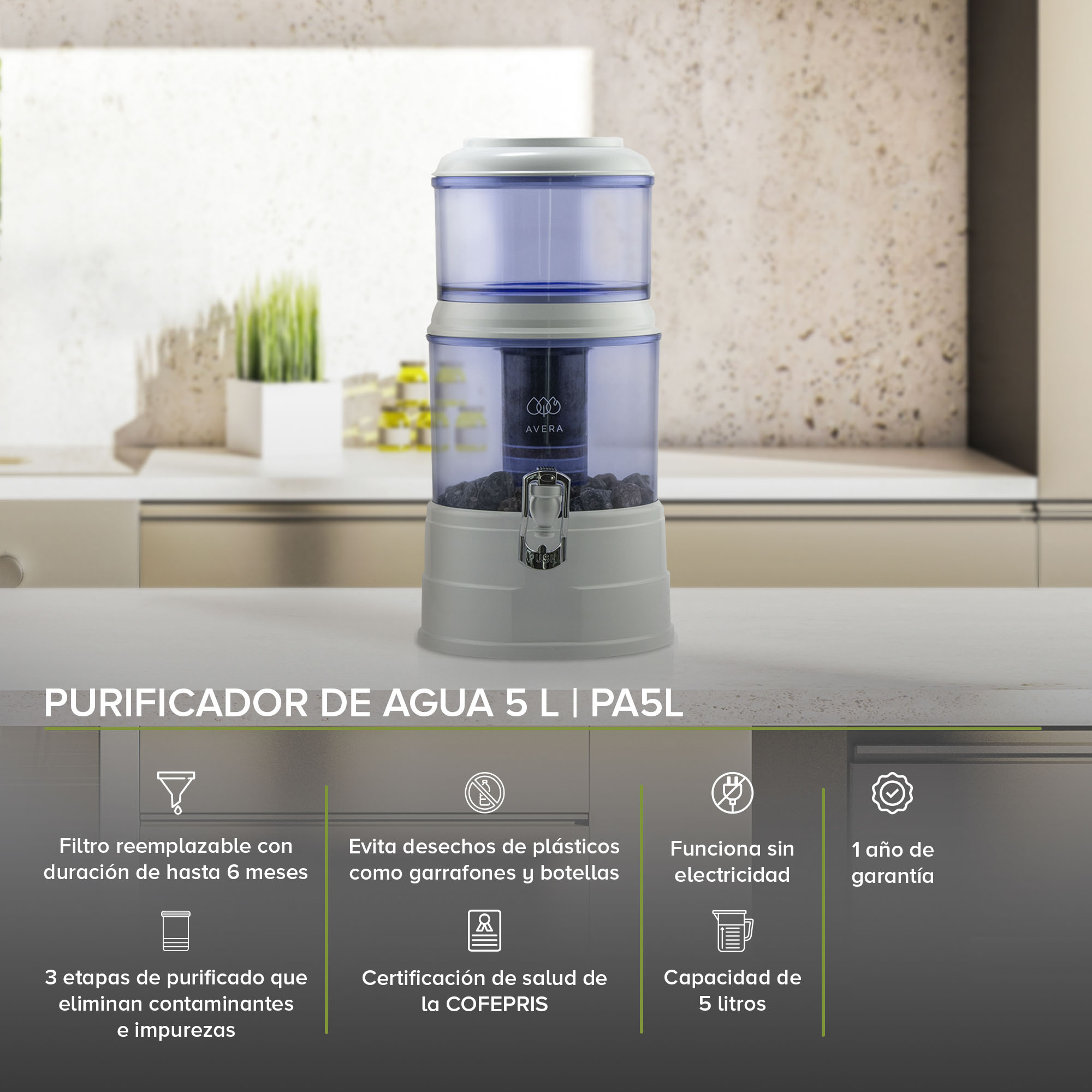 Foto 3 pulgar | Purificador de Agua Avera Pa5l color Blanco de 5 l con 3 Etapas de Purificación Carbón Activado