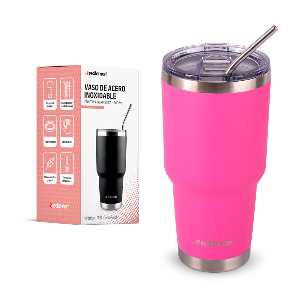 Termo y Vaso Térmico Redlemon 80079-pi color Rosa de Acero Inoxidable 2 Popotes de 800 ml