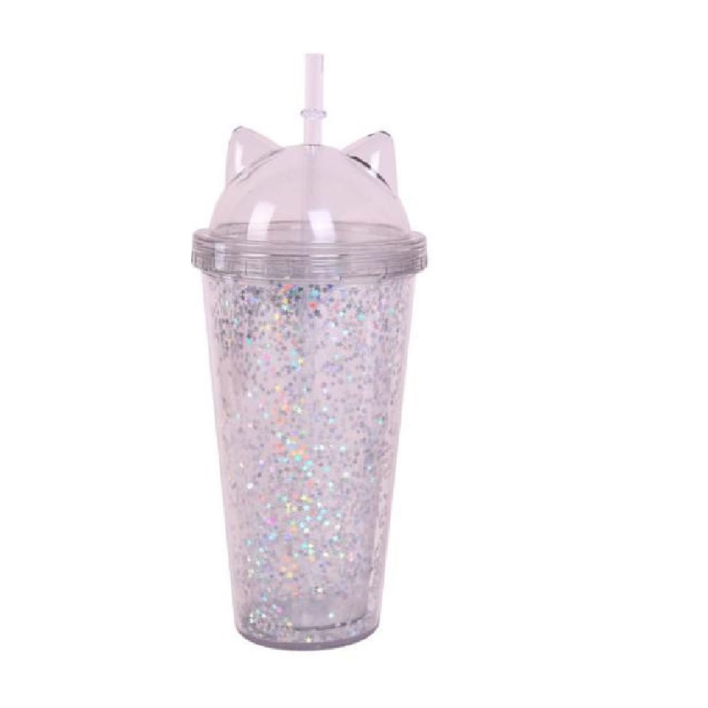 Foto 2 pulgar | Vaso Glitter HappyWare 100102B color Gris Tornasol con Popote y Tapa con Orejas de Gato