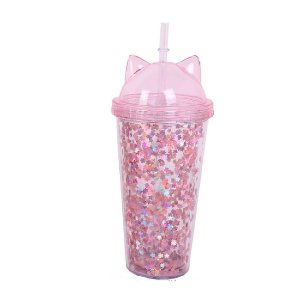 Foto 2 pulgar | Vaso Glitter HappyWare 100102C color Rosa con Popote y Tapa con Orejas de Gato