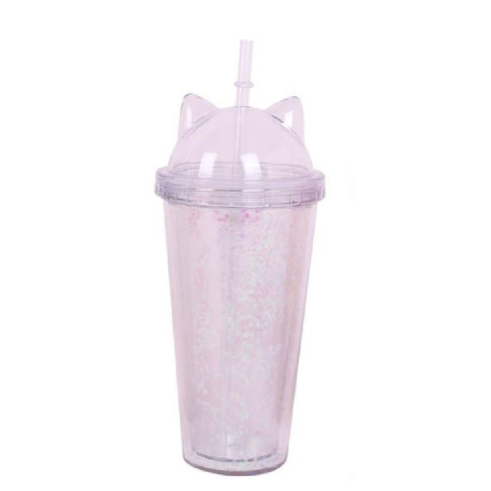 Foto 2 pulgar | Vaso Glitter HappyWare 100102A color Blanco con Popote y Tapa con Orejas de Gato