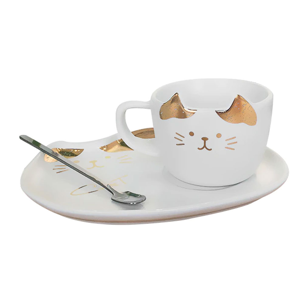 Foto 2 pulgar | Set de Taza y Plato de Cerámica Happyware en Forma de Gato con Cuchara color Blanco