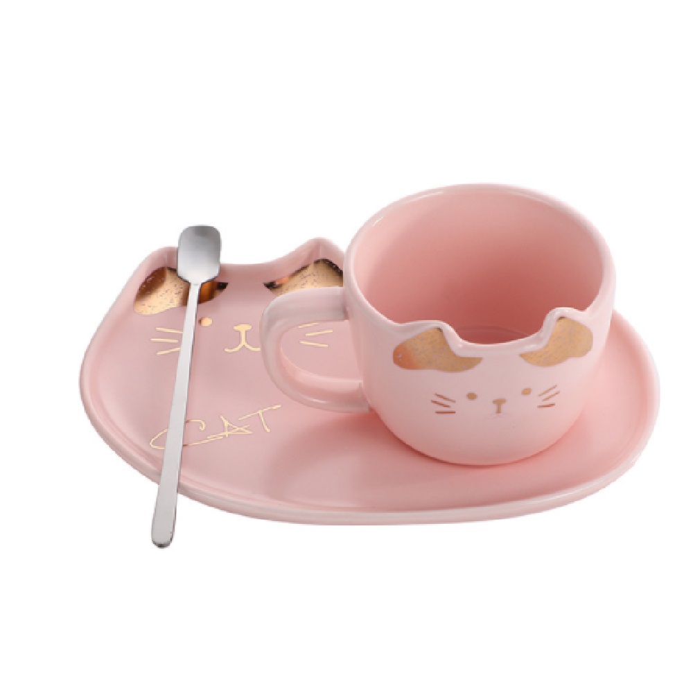 Foto 2 pulgar | Set de Taza y Plato de Cerámica HappyWare 100099B en Forma de Gato con Cuchara color Rosa