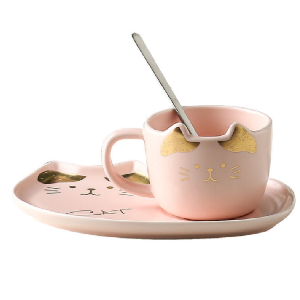 Foto 2 | Set de Taza y Plato de Cerámica HappyWare 100099B en Forma de Gato con Cuchara color Rosa