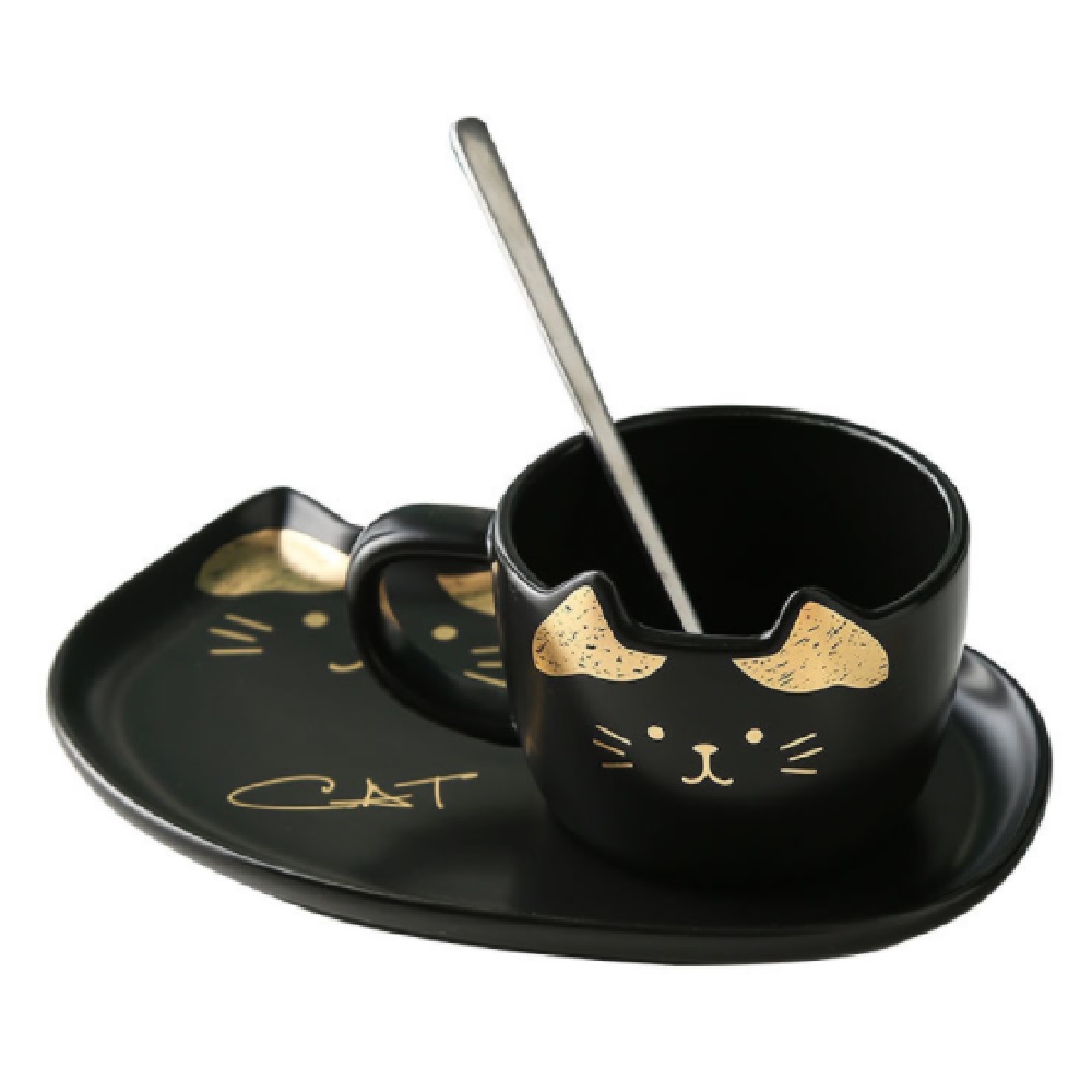 Set de Taza y Plato de Cerámica Happyware en Forma de Gato con Cuchara color Negro