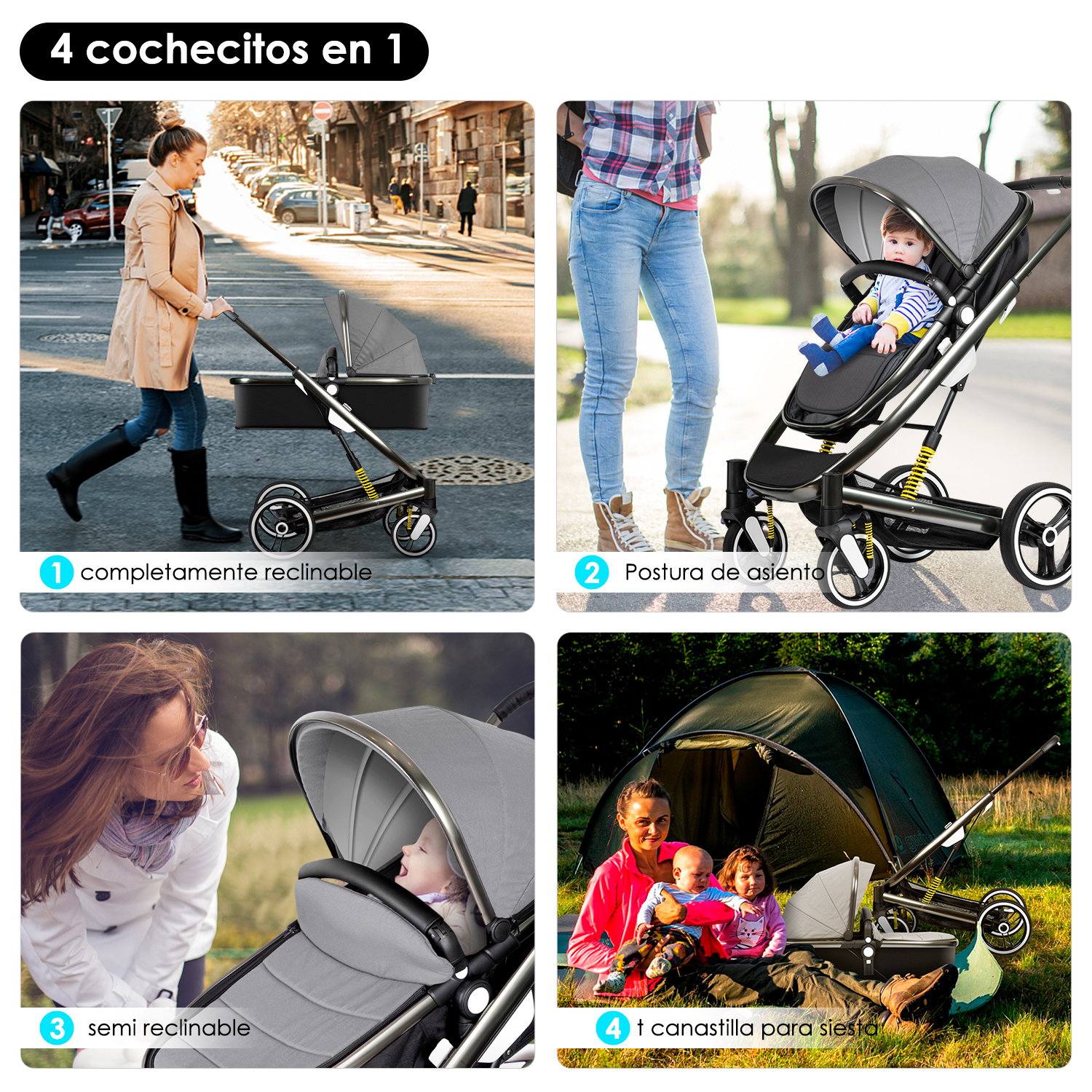 Foto 5 | Carriola para Bebé Sangkee 4 en 1 con Asiento Ajustable y Amortiguadores Multi Posición Gris