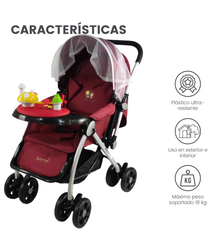 Foto 4 pulgar | Carriola Reversible con Tablero Baby Tek 3 Posiciones de Reclinado Toldo Plegable color Rojo