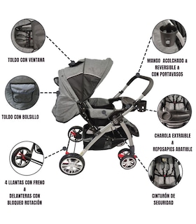 Foto 2 | Carriola Reversible BABY TEK S-A-GREY color Gris con Tablero Reclinado Frenos Portavasos