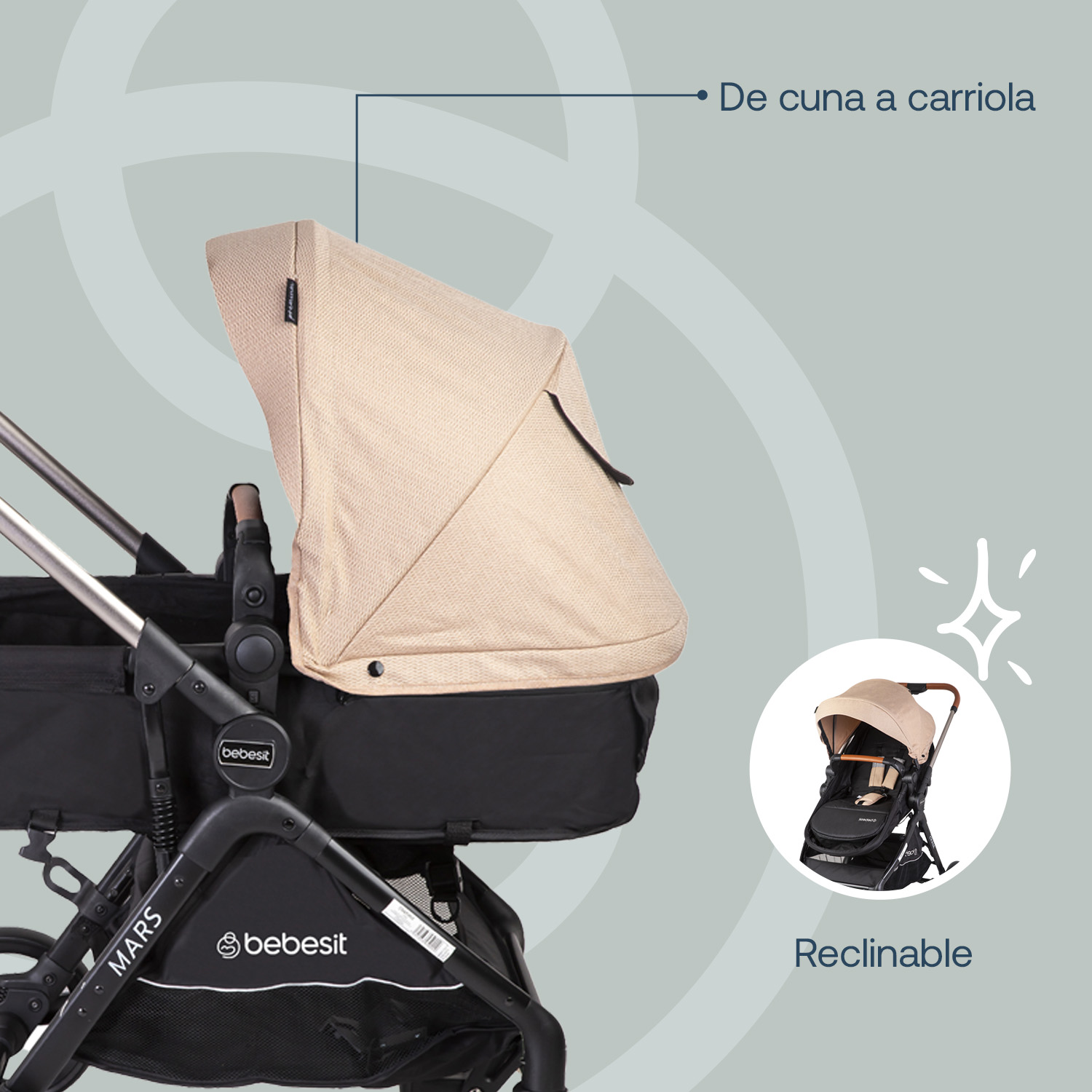 Foto 6 pulgar | Carriola Portabebe Bebesit Mars Lx Carriola Baston Plegable Color Beige