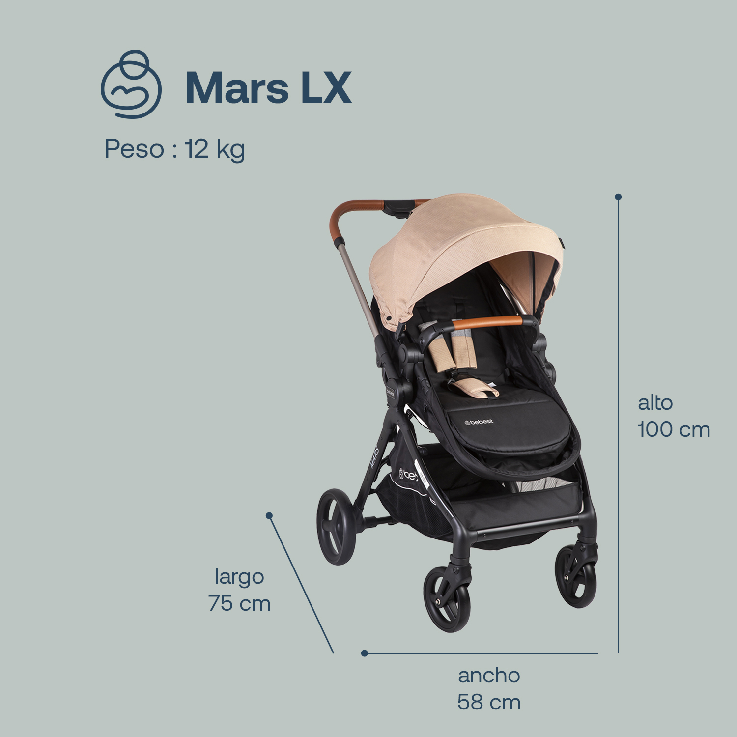 Foto 9 pulgar | Carriola Portabebe Bebesit Mars Lx Carriola Baston Plegable Color Beige