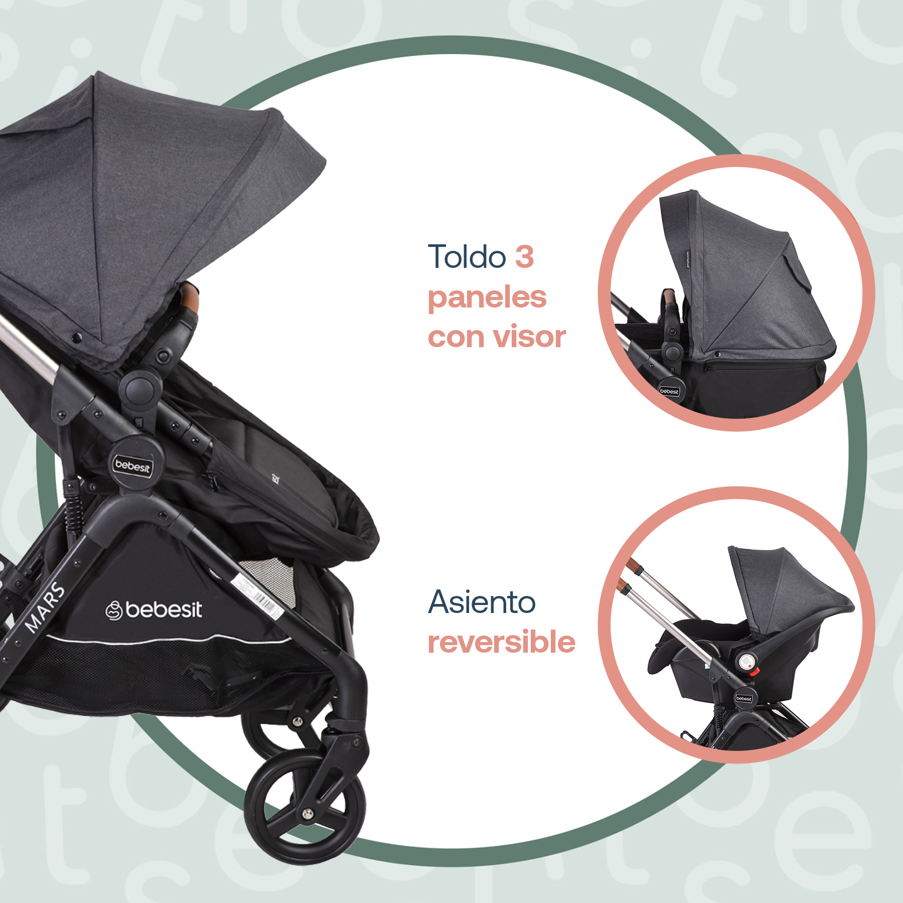 Foto 4 | Carriola Portabebe Bebesit Mars Lx Carriola Baston Plegable Color Gris