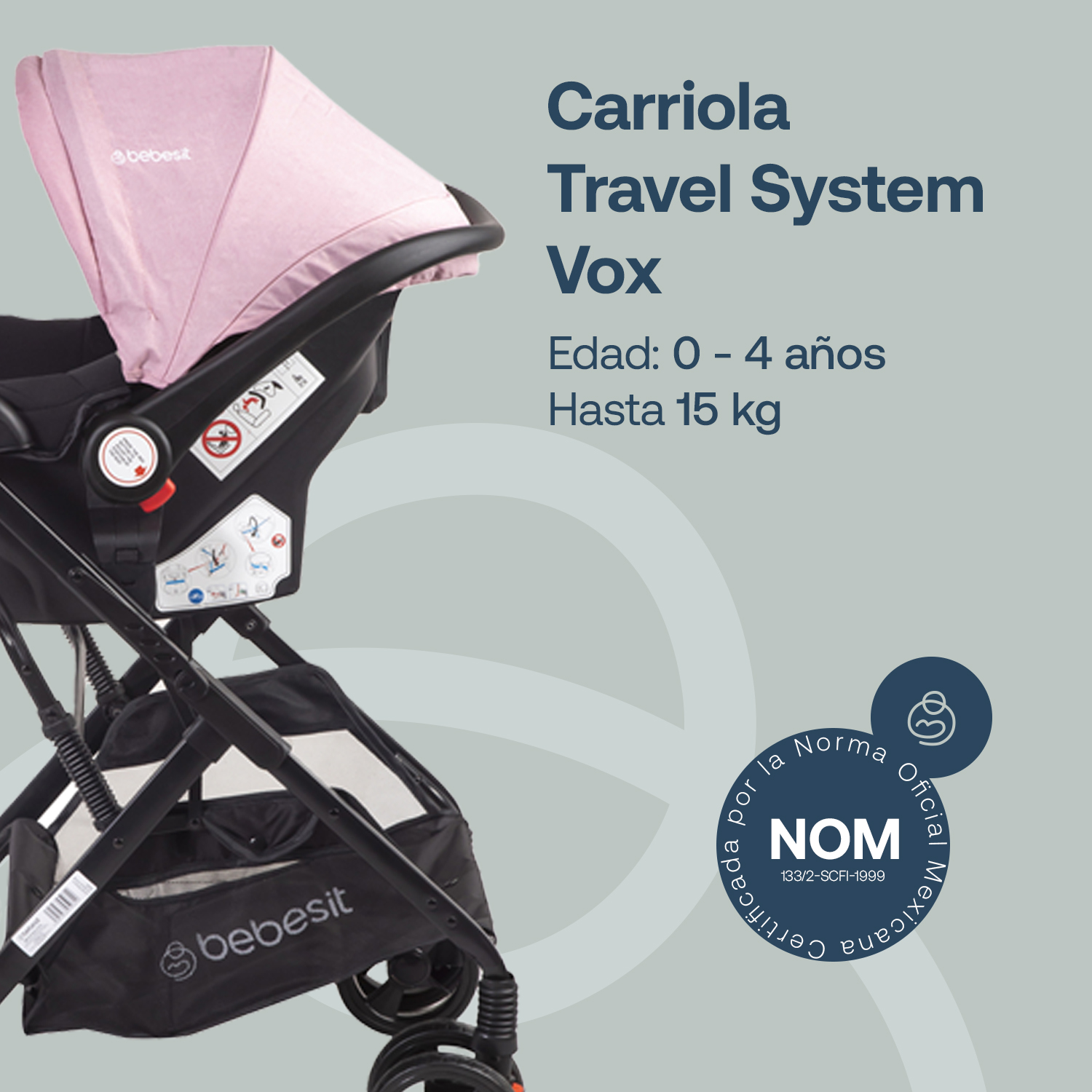 Foto 3 pulgar | Carriola y Portabebé Bebesit Vox color Rosa Travel System