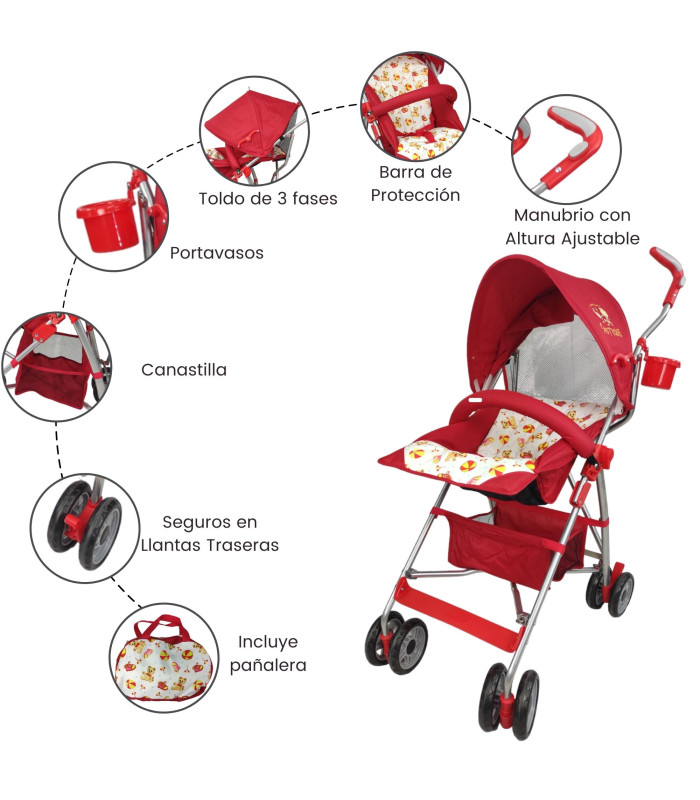 Foto 3 pulgar | Carriola Para Bebe De Baston 502B Compacta,plegable,ligera,reclinable Rojo