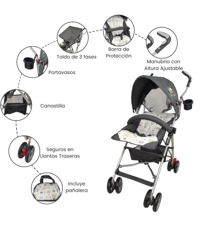 Foto 3 pulgar | Carriola Para Bebe De Baston 502B Compacta,plegable,ligera,reclinable Gris