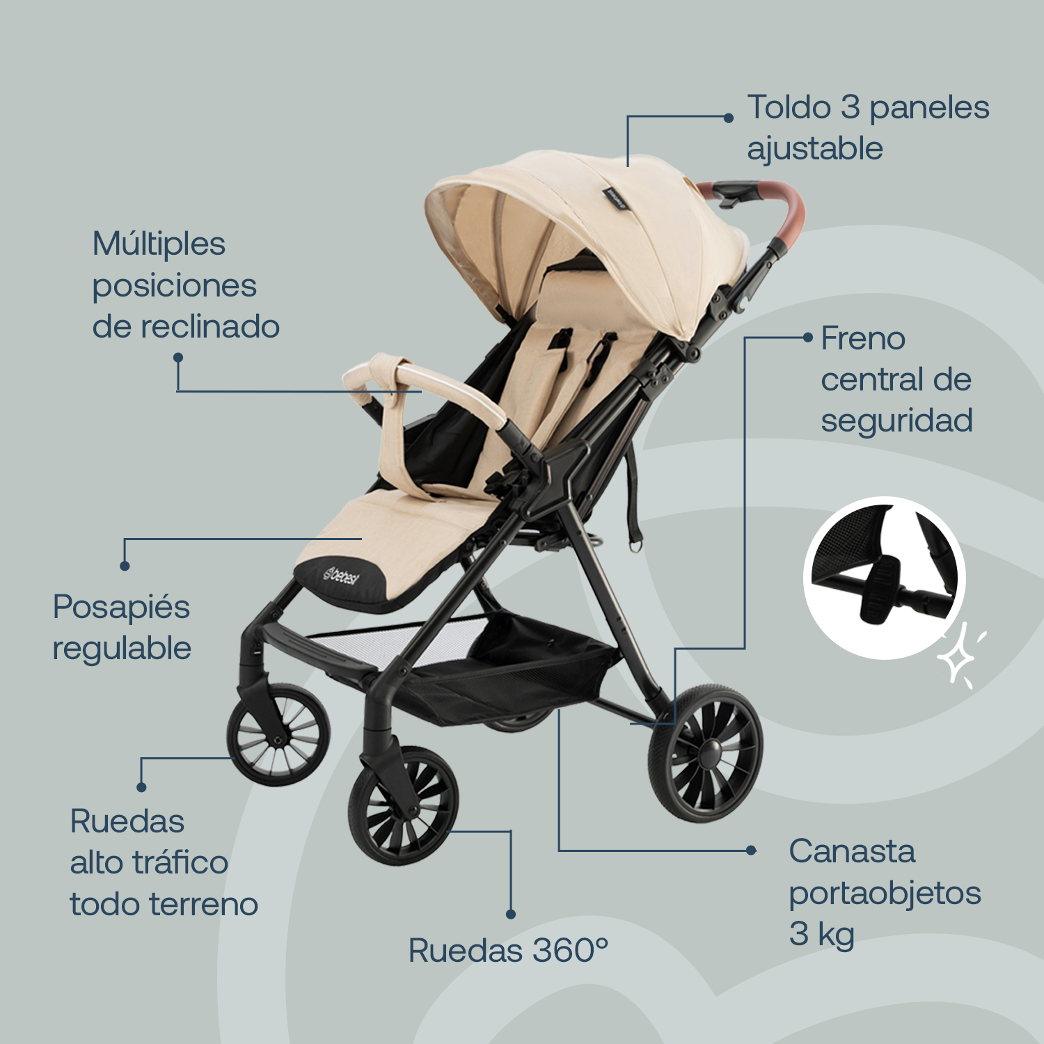 Foto 5 pulgar | Carriola Bebesit Sprint Carriola De Baston Plegable Paseo Color Beige