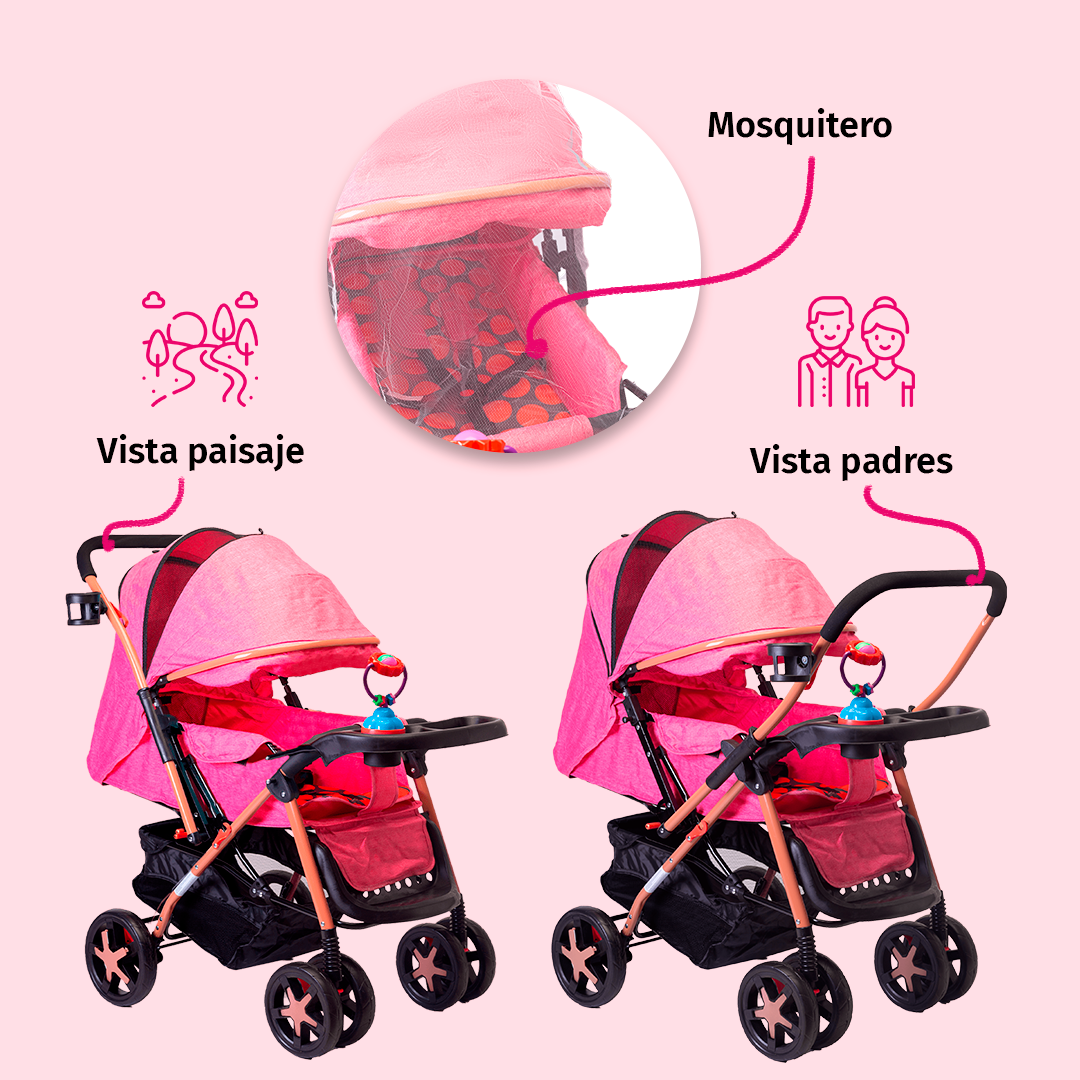 Foto 6 pulgar | Carriola Starkids Linx Rosa Reversible Mosquitero Reclinable