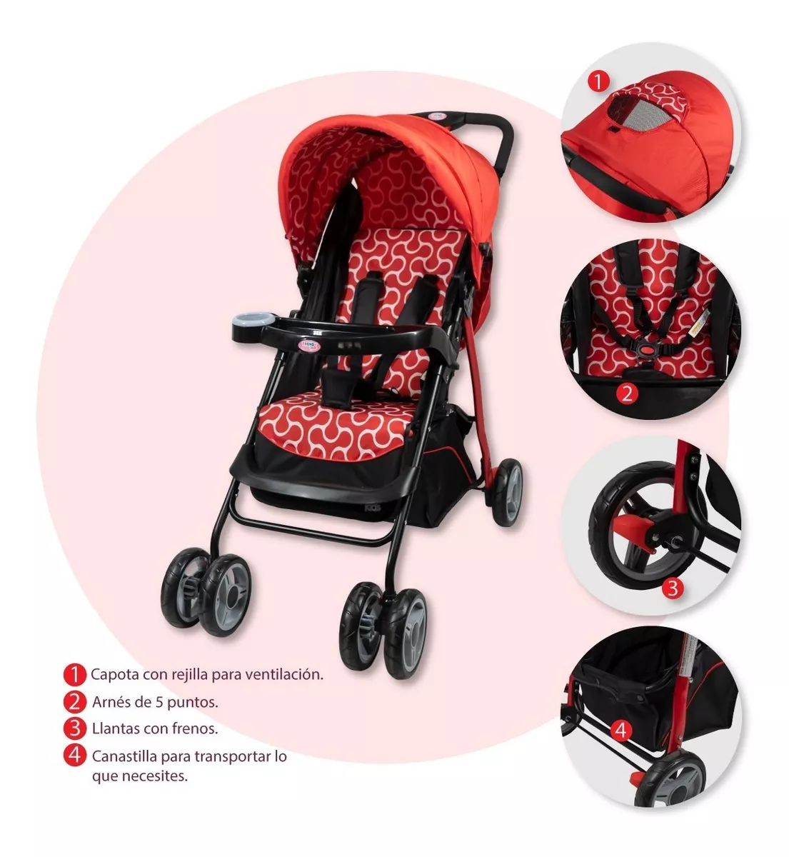 Foto 4 pulgar | Carriola Maxy Reclinable + Portabebés con Cubrepiés Trendy Kids Rojas