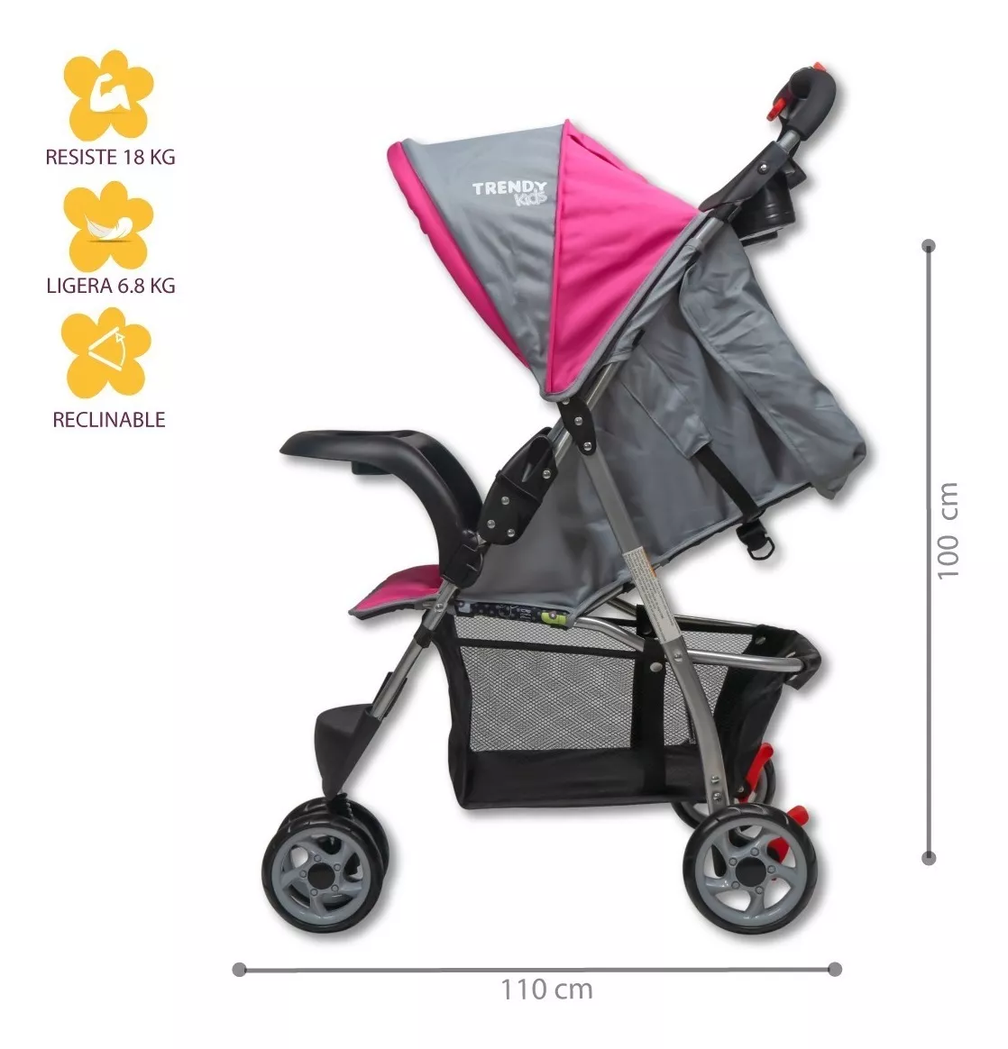 Foto 3 pulgar | Carriola Trendy Kids Jet Rosa Reclinable con Canastilla