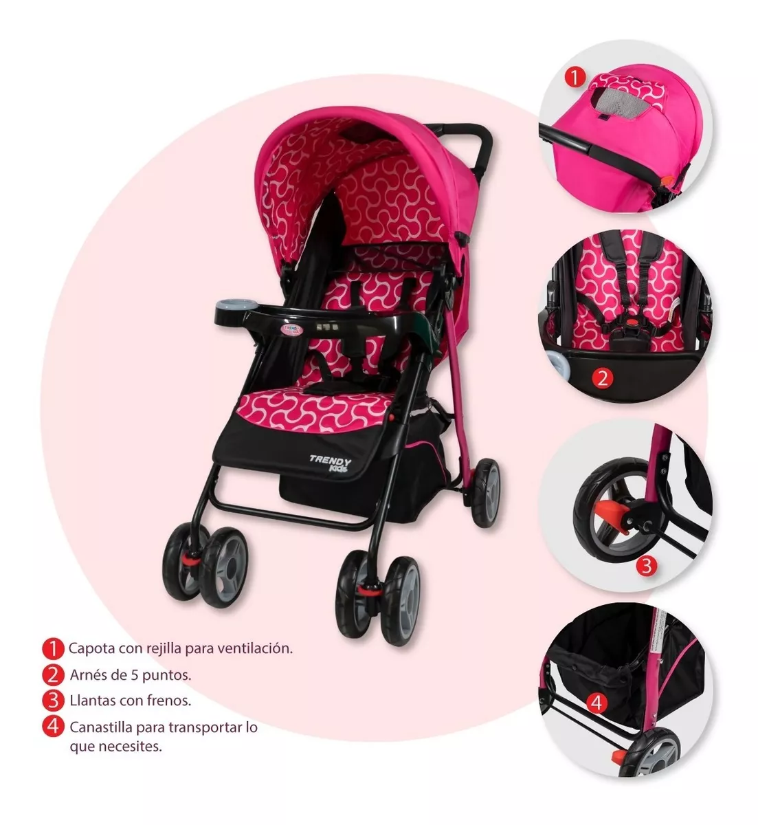 Foto 4 pulgar | Carriola Maxy Reclinable + Portabebés con Cubrepiés Trendy Kids Rosas