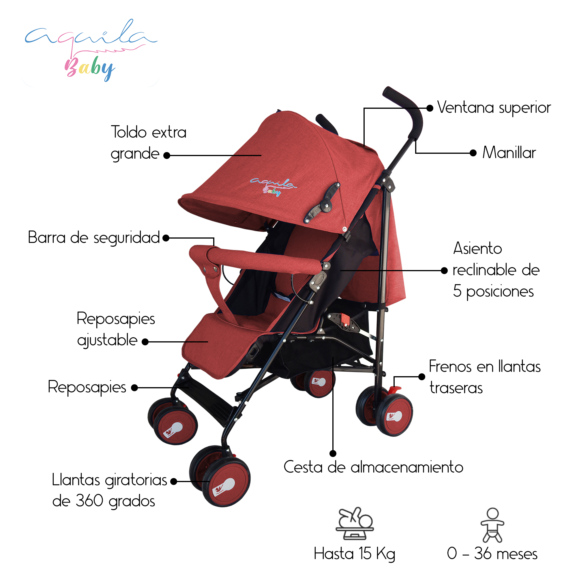 Foto 4 pulgar | Carriola Plegable Aquila Roja con Cubre-pies para Bebés hasta 15 Kg