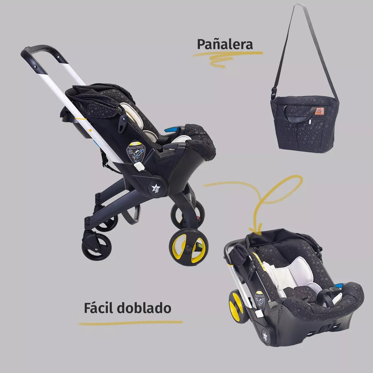 Foto 6 pulgar | Carriola para Bebé Starkids Polux Negra Convertible + Pañalera