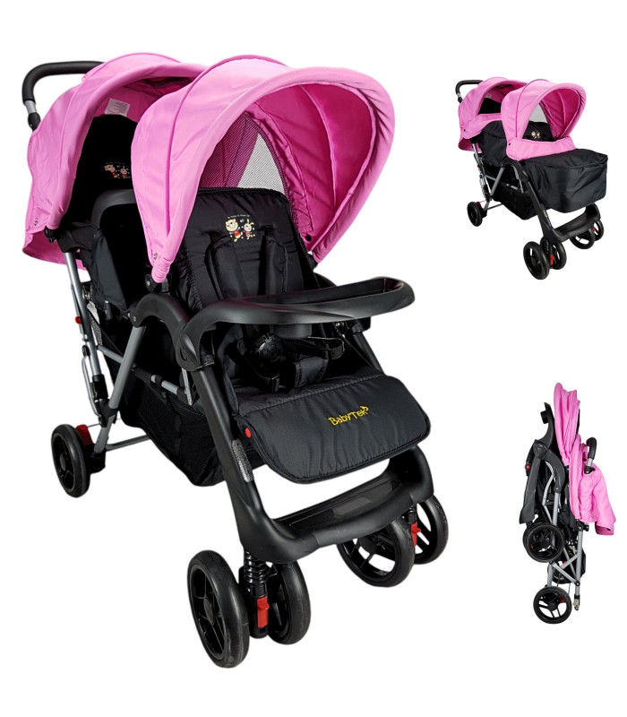 Carriola Gemelar Para Bebe, Ruedas Con Freno, Plegable, Reclinable Rosa