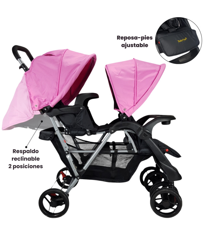 Foto 4 pulgar | Carriola Gemelar Para Bebe, Ruedas Con Freno, Plegable, Reclinable Rosa